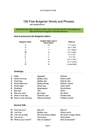 Learn Bulgarian Easily




               100 Free Bulgarian Words and Phrases
                        with explanations

       Get the 8 free video lessons to learn how to pronounce the 100 phrases on:
                        http://www.learn-bulgarian.net/video-lessons

     How to pronounce the Bulgarian letters:

                                    English letter used in
          Bulgarian letter:                                           Read as:
                                       transcription:
                  Ъ                           uh                     “u” in “gum”
                  И                            I                     “ее” in “feet”
                   A                           a                    “a” in “father”
                  АЙ                          ai                     “ai” in “aisle”
                   Е                          e                       “e” in “ten”
                  O                            o                       “o” in “lot”
                   У                          oo                    “oo” in “boot”
                  Ц                           ts                    “zz” in “pizza”
                  Ж                           zh                    no equivalent



     Greetings:

1    Hello                      Здравей                      Zdravei
2    Good morning               Добро утро                   Dobro ootro
3    Good day                   Добър ден                    Dobuhr den
4    Good afternoon             Добър вечер                  Dobuhr vecher
5    Good night                 Лека нощ                     Leka nosht
6    Goodbye                    Довиждане                    Dovizhdane
7    Bye bye                    Чао                          Chao
8    See you soon               До скоро                     Do skoro
9    Have a nice day            Приятен ден                  Priiaten den
10   Have a nice evening        Приятна вечер                Priiatna vecher


     General Talk:

11   How are you?               Как си?                      Kak si?
12   I am fine.                 Добре съм.                   Dobre suhm.
13   I am not so well           Не съм много добре.          Ne suhm mnogo dobre.
14   I am so so.                Горе долу.                   Gore doloo.
15   What is your name?         Как се казваш?               Kak se kazvash?


                                            Page 1
 