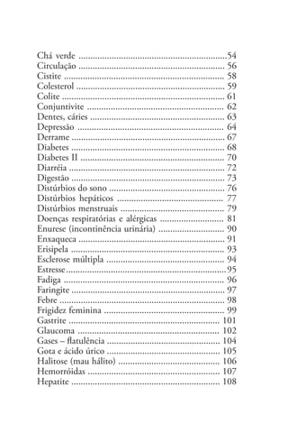 Chá verde ...............................................................54
Circulação .............................................................. 56
Cistite .................................................................... 58
Colesterol ............................................................... 59
Colite ..................................................................... 61
Conjuntivite .......................................................... 62
Dentes, cáries ......................................................... 63
Depressão .............................................................. 64
Derrame ................................................................. 67
Diabetes ................................................................. 68
Diabetes II ............................................................. 70
Diarréia .................................................................. 72
Digestão ................................................................. 73
Distúrbios do sono ................................................. 76
Distúrbios hepáticos ............................................. 77
Distúrbios menstruais ............................................ 79
Doenças respiratórias e alérgicas ........................... 81
Enurese (incontinência urinária) ............................ 90
Enxaqueca .............................................................. 91
Erisipela ................................................................. 93
Esclerose múltipla .................................................. 94
Estresse .................................................................... 95
Fadiga .................................................................... 96
Faringite ................................................................. 97
Febre ...................................................................... 98
Frigidez feminina ................................................... 99
Gastrite ................................................................ 101
Glaucoma ............................................................ 102
Gases – flatulência ................................................ 104
Gota e ácido úrico ................................................ 105
Halitose (mau hálito) ........................................... 106
Hemorróidas ........................................................ 107
Hepatite ............................................................... 108
 
