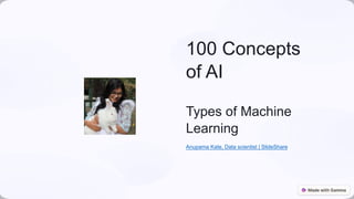 100 Concepts
of AI
Types of Machine
Learning
Anupama Kate, Data scientist | SlideShare
 