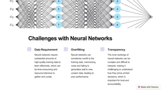 Challenges with Neural Networks
Data Requirement
Neural networks require
substantial amounts of
high-quality training data to
learn effectively, which can
be time-consuming and
resource-intensive to
gather and curate.
Overfitting
Neural networks can
sometimes overfit to the
training data, memorizing
noise and failing to
generalize well to new,
unseen data, leading to
poor performance.
Transparency
The inner workings of
neural networks can be
complex and difficult to
interpret, making it
challenging to understand
how they arrive at their
decisions, which is
important for trust and
accountability.
 
