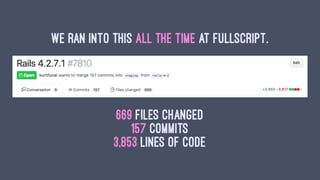 We ran into this all the time at Fullscript.
669 Files Changed
157 Commits
3,853 Lines of Code
 