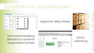 Zusätzliche ECM „Standardfeatures“

Der Renditionservice wandelt (nahezu) beliebige
                      integrierter (Web-)Viewer
Dokumentformate in langzeitstabile und compliance-
konforme PDF Dateien um, zeigt diese direkt im
Browser an und unterstützt Annotationen und
  Dokumentumwandlung
Highlightings.                                  Archiv-
  (Rendition) in normierte
                                               anbindung
  langzeitstabile Formate
 