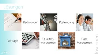 Vertragsmanagement


Unterstützt das Arbeiten mit Verträgen über die
             Archivierung         Controlling
gesamte Laufzeit hinweg, verwaltet Dokumente und
Metadaten, beinhaltet Workflowtemplates und
metadatengesteuerte Berechtigungen.
                                           zentraler
 Erstellung           Verwaltung
                                             Akt
 