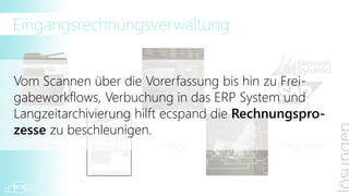 Eingangsrechnungsverwaltung


           Erkennung            Prozess




 Scannen               Ablage             Integration
 