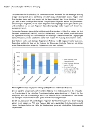 Auswertung der schriftlichen Befragung    Kapitel 6



der vor Ort verbrauchten Energie liegen. Drittens zeigt das Schaubild die Regionen, die keine
Angaben zu konkreten Ausbauzielen gemacht haben. Von den 39 Regionen, die ein Zielkonzept
bzw. einen Beschluss zum von Ausbau EE gefasst haben, geben 26 Regionen an, mehr als 80
% des regional verbrauchten Stroms regional auf Basis von EE bereitzustellen.
Für den Wärmebereich haben sich dieses Ziel 20 Regionen und für den Mobilitätsbereich 11
Regionen gesteckt. Jeweils 5 Regionen gaben an, für die Bereiche Strom und Wärme Ziele von
weniger als 80% zu verfolgen. Für den Bereich der Mobilität gaben lediglich 3 Regionen an, ein
Ausbauziel von weniger als 80% anzuvisieren. Ein erheblicher Anteil der Regionen haben aller-
dings keine Angaben zu den technischen EE-Ausbauzielen gemacht. Für den Bereich Mobilität
haben 25 Regionen, für den Bereich Wärme 14 und für den Bereich Strom 7 Regionen keine
Angaben gemacht. Die erfassten Daten zeigen, dass 65% bzw. 50% der Regionen für den
Strombereich bzw. Wärmebereich das Ziel verfolgen, über 80% der regional benötigten Energie
aus regionalen EE bereitzustellen. Das gleiche Ziel für den Bereich der Mobilität verfolgen nur
25% der Regionen.
Es wird deutlich, dass sich regionale Aktivitäten und Ziele zum Ausbau EE an erster Stelle auf
den Strom fokussieren, gefolgt vom Wärmebereich. Für die Mobilität gibt es in vergleichsweise
wenigen Regionen konkrete Zielfestlegungen.
Die nachfolgende Abbildung ordnet die über 80%igen Ausbauziele für die Bereiche Strom,
Wärme und Mobilität einzelnen Regionstypen zu.




Abbildung 17: EE-Ausbauziele ( 80%) unter Berücksichtigung der Gebietsform.
Filter: EE-Ausbauziel größer 80 % (Frage 10)

Es zeigt sich, dass in 11 der erfassten Regionen ein Zielkonzept bzw. ein Beschluss entwickelt
wurde, worin das Ziel eines über 80%igen Ausbaus von EE für die Bereiche Strom, Wärme und
Mobilität beinhaltet ist. Weitere 5 Regionen verfolgen zumindest für die Bereiche Strom und
Wärme ein über 80%iges Ausbauziel. Darüber hinaus haben sich 10 Regionen das Ziel einer
vollständigen Versorgung mit EE im Strombereich gesetzt.
Überraschenderweise gibt es allerdings auch 4 Regionen, die ihre Zielfestlegung eines über
80%igen EE-Ausbaus zunächst ausschließlich auf den Wärmebereich beschränken. Betrachtet
man die Gebietsform der einzelnen Regionen, so fällt auf, dass Ausbauziele, die alle Bereiche
umfassen, vor allem auf Landkreisebene verfolgt werden. Eine vollständige Versorgung bezo-
gen auf Wärme aus EE ist nur von einem Landkreis geplant. Dagegen hat keine der erfassten
Kommunen angegeben, sich vollständig in allen Bereichen mit EE versorgen zu wollen. Eine

                                                                                                  31
 