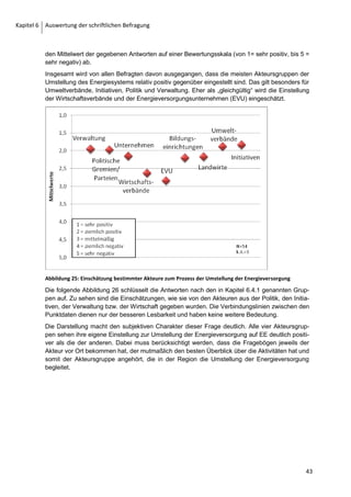 Auswertung der schriftlichen Befragung        Kapitel 6




Abbildung 21: Verankerung der Koordinierungsstelle für die Umsetzung des Zielkonzeptes/Beschlusses

Abbildung 21 zeigt, dass in der überwiegenden Zahl der Regionen die Fachverwaltung, eine
Energieagentur oder ein Energiezentrum für die Koordinierung der Umsetzung des Zielkonzep-
tes/Beschlusses verantwortlich ist. Deutlich weniger häufig (5 Nennungen) werden diverse Ar-
beitskreise und Initiativen als lokale bzw. regionale Koordinierungsstellen genannt. In einzelnen
Regionen wurde auch der Bürgermeister oder ein Unternehmen als Koordinierungsstelle ange-
geben.
Die erhobenen Daten machen die große Bedeutung der öffentlichen Verwaltung in Kontext der
Koordinierung des Prozesses der Umstellung der Energieversorgung in vielen Regionen deut-
lich, zumal auch zahlreiche Energieagenturen und Energiezentren zumindest unter öffentlicher
Trägerschaft organisiert sind.

6.2.5   Zusammenfassung Block A / Wesentliche Ergebnisse
Block A befasst sich ausführlich mit den Fragen, die sich um Zielkonzepte und Beschlussfas-
sungen bei der Umstellung auf EE beziehen. In der Mehrzahl (jeweils fast 60%) der befragten
Regionen ist entweder eine politische Beschlussfassung oder die Erstellung eines Zielkonzepts
zur Umstellung der Energieversorgung auf EE bereits erfolgt.
Zählt man zu den 28 Regionen mit Beschlussfassung die 15 Regionen hinzu, in denen ein sol-
cher Beschluss in Planung ist, so werden in naher Zukunft 43 der 54 erfassten Regionen (80%)
einen Beschluss zur Umstellung der Energieversorgung gefasst haben. Daraus lässt sich die
These ableiten, dass eine politische Beschlussfassung einen wichtigen Schritt auf dem Weg zu
einer 100%-EE-Region darstellt. Im Rückblick auf die Zeitpunkte der einzelnen Beschlussfas-
sungen spiegelt sich die Dynamik der Verbreitung von EE-Regionen wider. Während in den
Jahren bis 2005 durchschnittlich eine Beschlussfassung pro Jahr erfolgt ist, ist die durchschnitt-
liche Anzahl von Beschlüssen im Zeitraum von 2005 bis 2008 auf sechs pro Jahr angestiegen.
Man kann unter diesen Umständen sicher von einem Trend sprechen, der sich in den letzten
Jahren entwickelt hat.
Als Impulsgeber einer solchen Entwicklung wurden von den meisten Befragten die Initiativen
bzw. die Verwaltung genannt. Die im Zusammenhang mit der Frage nach der Koordinierungs-
stelle erhobenen Daten machen die große Bedeutung der öffentlichen Verwaltung im Kontext
der Koordinierung der Energiewende deutlich, zumal auch zahlreiche Energieagenturen bzw. -
zentren zumindest unter öffentlicher Trägerschaft organisiert sind. Mit Blick auf mögliche
Schwierigkeiten bei der Entwicklung eines Zielkonzepts/Beschlusses war auffallend, dass nicht
in erster Linie Blockaden, Meinungsverschiedenheiten oder politische Differenzen angegeben

                                                                                                     35
 
