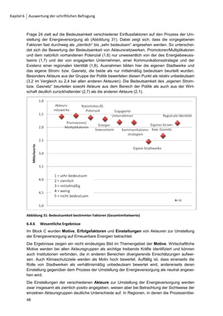 Dieses Ergebnis spiegelt sich auch in der Einschätzung über die Bedeutsamkeit der erneuerba-
          ren Energieträger für die zukünftige Energiebereitstellung wider ( 
  ). Sowohl der Bio-
          energie als auch der Sonnenenergie wird für die Bereiche Strom und Wärme von zwei Dritteln
          der Befragten eine ziemliche bis sehr große Bedeutsamkeit beigemessen.
          Es fällt auf, dass zwar 75% der befragten Regionen die Windkraft nutzen bzw. deren Nutzung
          planen (s.o.), jedoch nur 70% eine Aussage über deren zukünftige Bedeutsamkeit gemacht
          haben. Von diesen hat nur die Hälfte der Windkraft eine besser als mittelmäßige Bedeutsamkeit
          beigemessen.




                                                                                                        
 