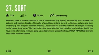 Back Next
Index
Reorder a table of data by the data in one of the columns (e.g. Spend). Very quickly you can draw out
patterns and insights. Create a hierarchy of prioritising criteria by ﬁrst sorting one column and then
another (e.g. ﬁrst by Spend and then by Sales). Occasionally it's useful to sort from left to right according
to the values along a row. Take care to be clear about whether your data has row headings. And if you
have some referencing formulas going up and down your spreadsheet (e.g. INDEX-MATCHES) they are
likely to be rendered useless.
27. Sort
75.4 2 30 min Data Handling
 