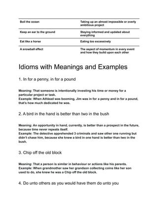Boil the ocean Taking up an almost impossible or overly
ambitious project
Keep an ear to the ground Staying informed and updated about
everything
Eat like a horse Eating too excessively
A snowball effect The aspect of momentum in every event
and how they build upon each other
Idioms with Meanings and Examples
1. In for a penny, in for a pound
Meaning: That someone is intentionally investing his time or money for a
particular project or task.
Example: When Athlead was booming, Jim was in for a penny and in for a pound,
that’s how much dedicated he was.
2. A bird in the hand is better than two in the bush
Meaning: An opportunity in hand, currently, is better than a prospect in the future,
because time never repeats itself.
Example: The detective apprehended 3 criminals and saw other one running but
didn’t chase him, because she knew a bird in one hand is better than two in the
bush.
3. Chip off the old block
Meaning: That a person is similar in behaviour or actions like his parents.
Example: When grandmother saw her grandson collecting coins like her son
used to do, she knew he was a Chip off the old block.
4. Do unto others as you would have them do unto you
 