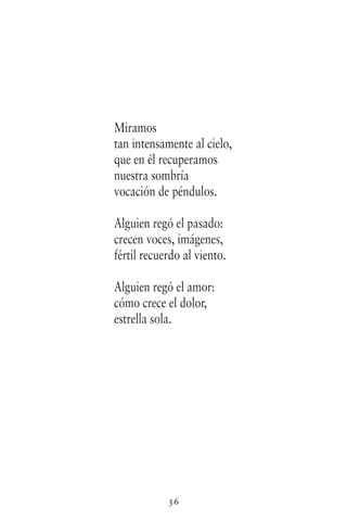 36
Miramos
tan intensamente al cielo,
que en él recuperamos
nuestra sombría
vocación de péndulos.
Alguien regó el pasado:
crecen voces, imágenes,
fértil recuerdo al viento.
Alguien regó el amor:
cómo crece el dolor,
estrella sola.
 