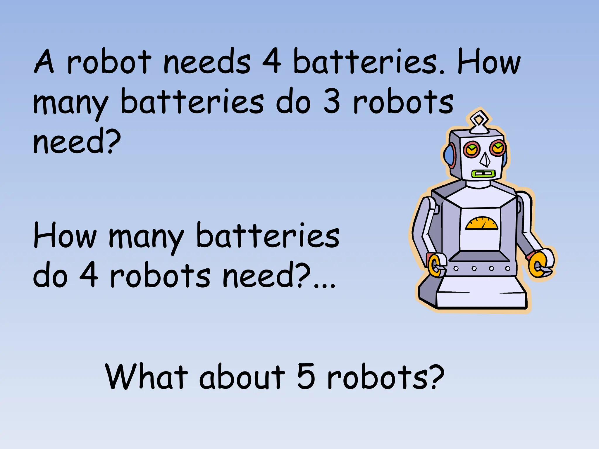 A robot needs 4 batteries. How
many batteries do 3 robots
need?
How many batteries
do 4 robots need?...
What about 5 robots?
 