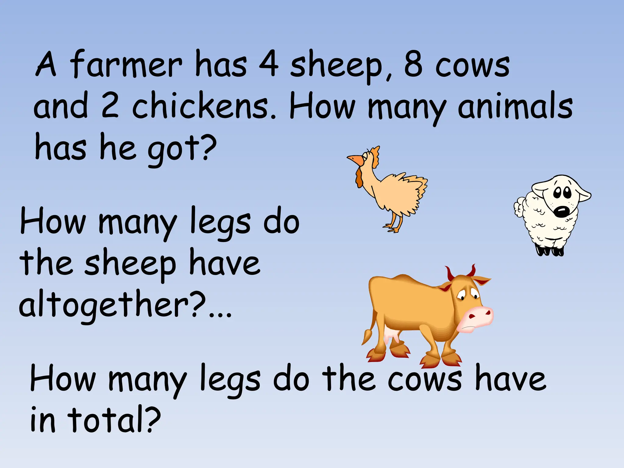 A farmer has 4 sheep, 8 cows
and 2 chickens. How many animals
has he got?
How many legs do
the sheep have
altogether?...
How many legs do the cows have
in total?
 