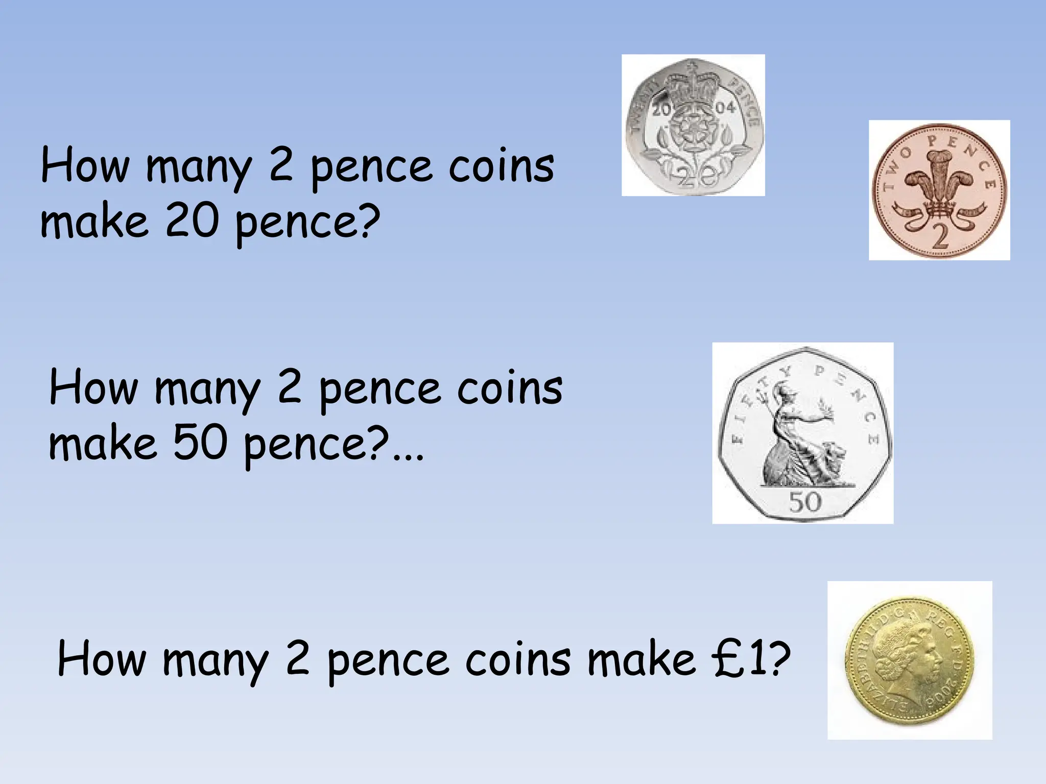 How many 2 pence coins
make 20 pence?
How many 2 pence coins
make 50 pence?...
How many 2 pence coins make £1?
 
