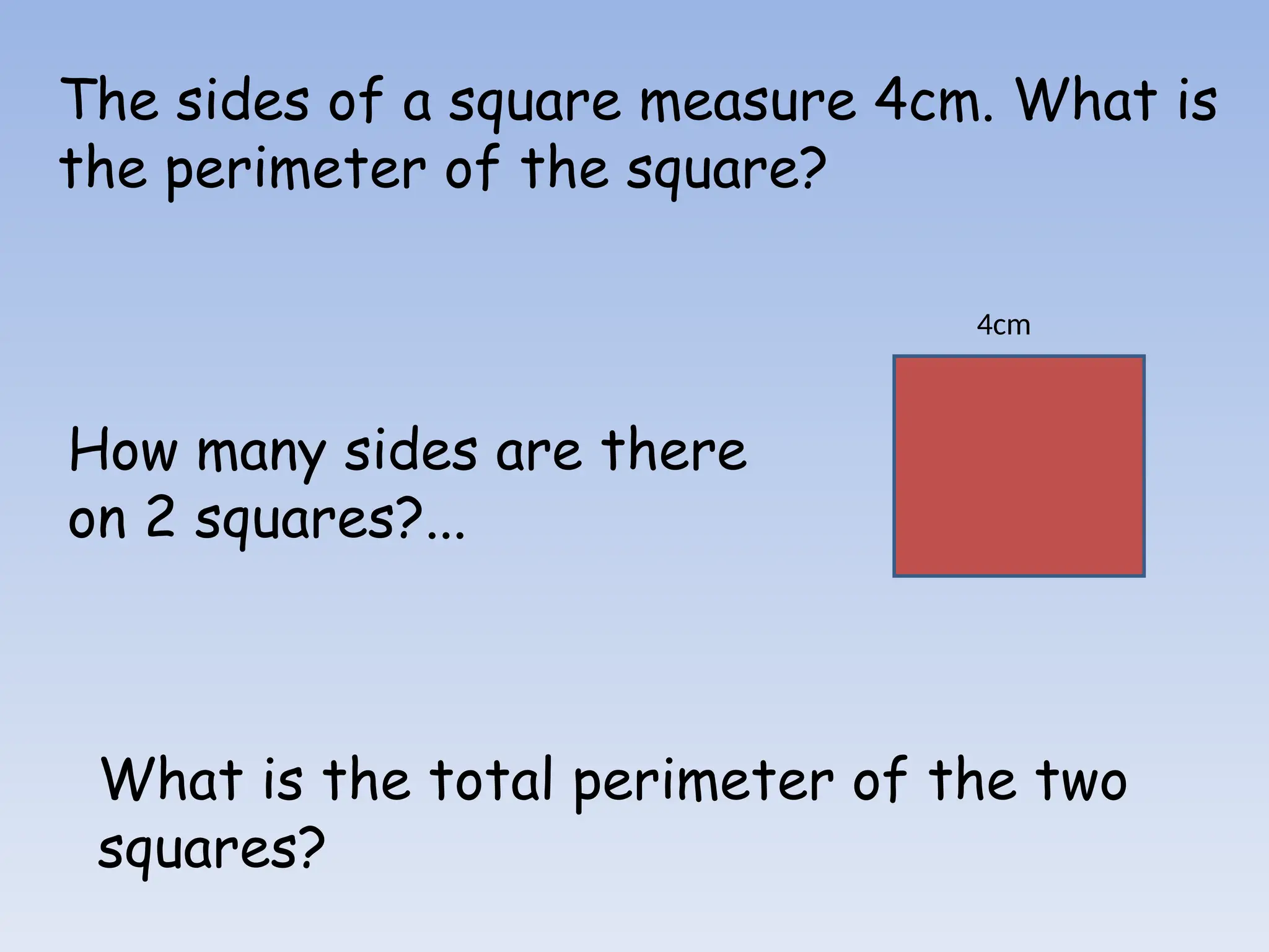 The sides of a square measure 4cm. What is
the perimeter of the square?
How many sides are there
on 2 squares?...
What is the total perimeter of the two
squares?
4cm
 