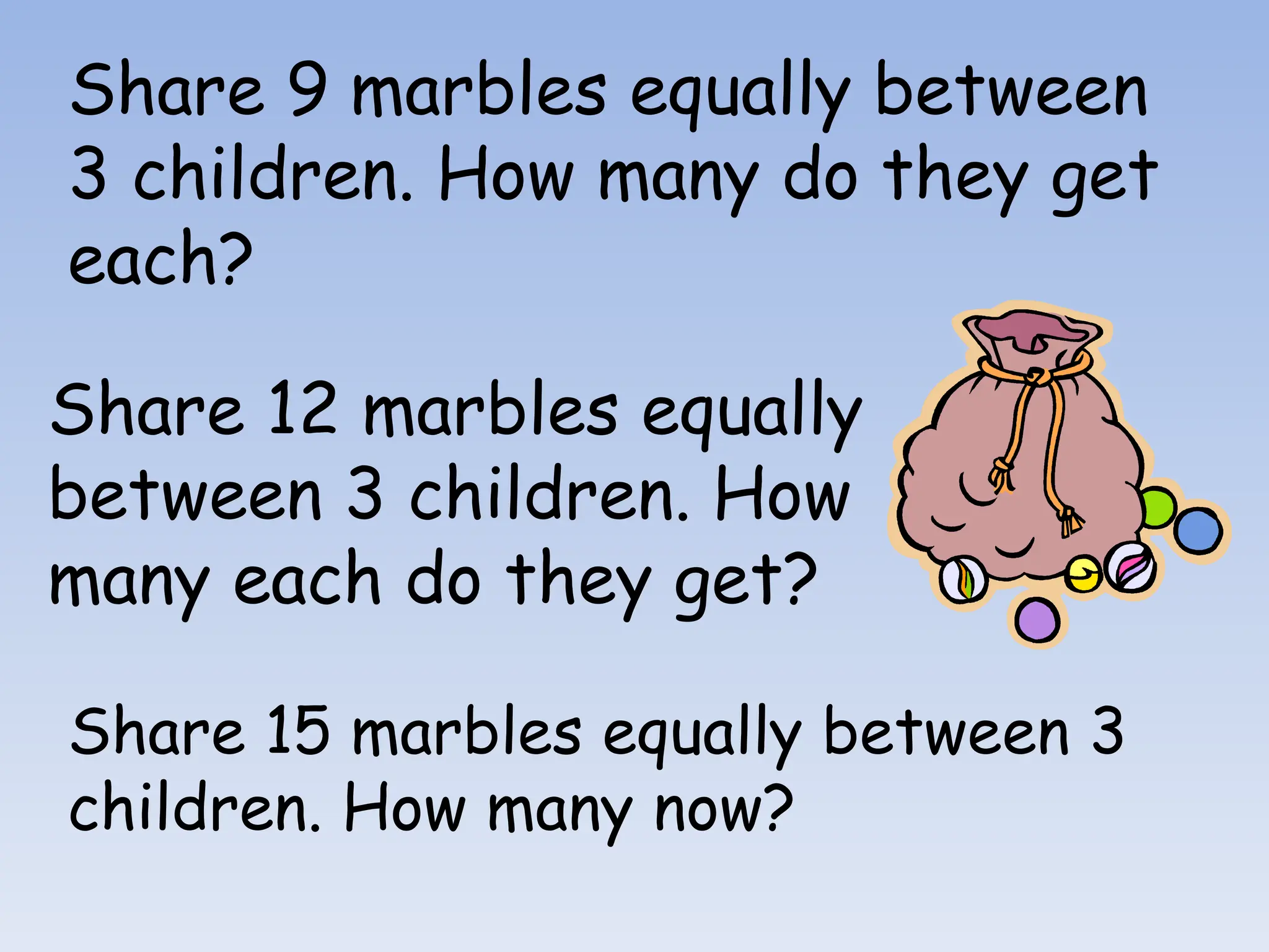 Share 9 marbles equally between
3 children. How many do they get
each?
Share 12 marbles equally
between 3 children. How
many each do they get?
Share 15 marbles equally between 3
children. How many now?
 