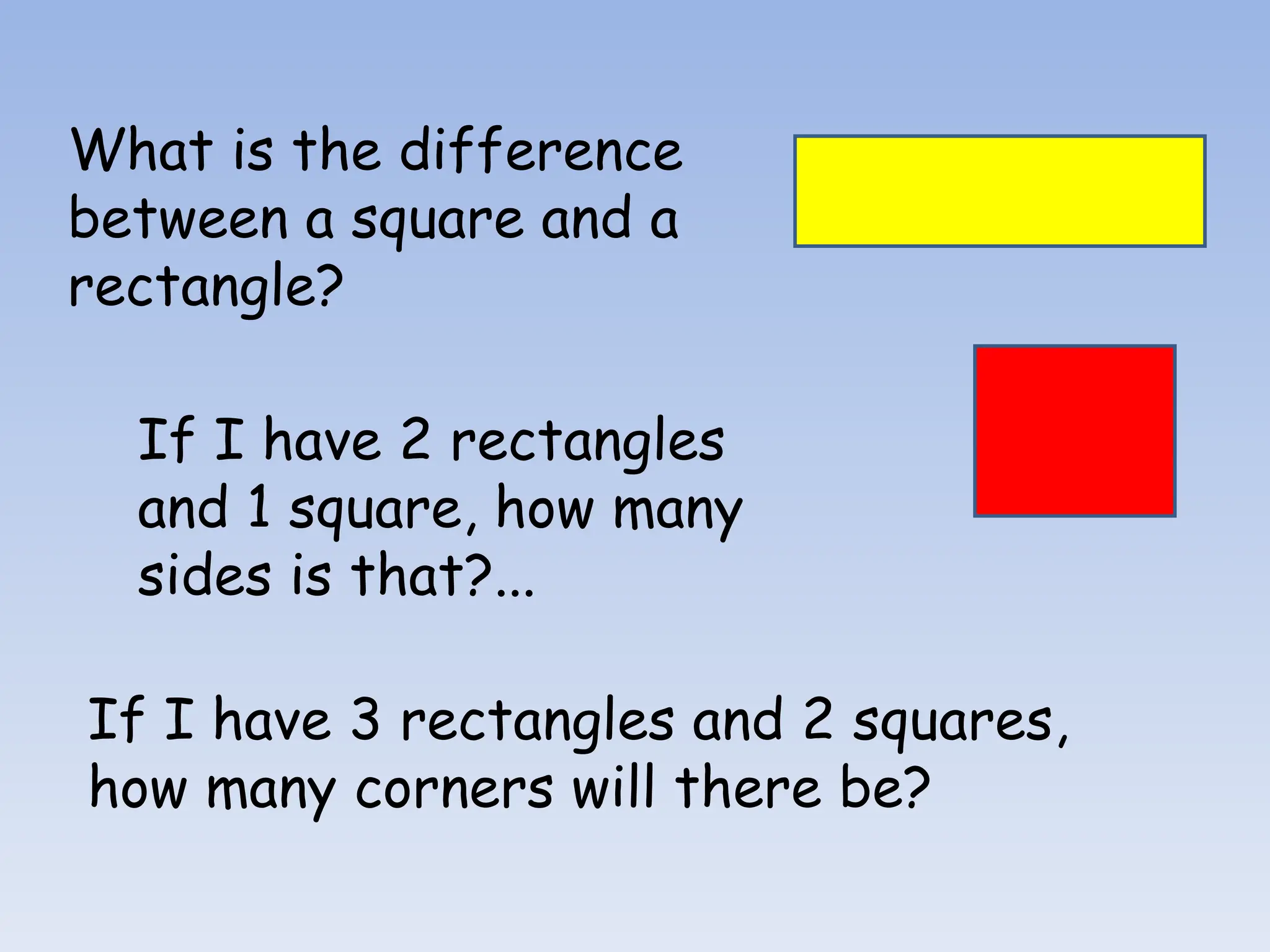 What is the difference
between a square and a
rectangle?
If I have 2 rectangles
and 1 square, how many
sides is that?...
If I have 3 rectangles and 2 squares,
how many corners will there be?
 