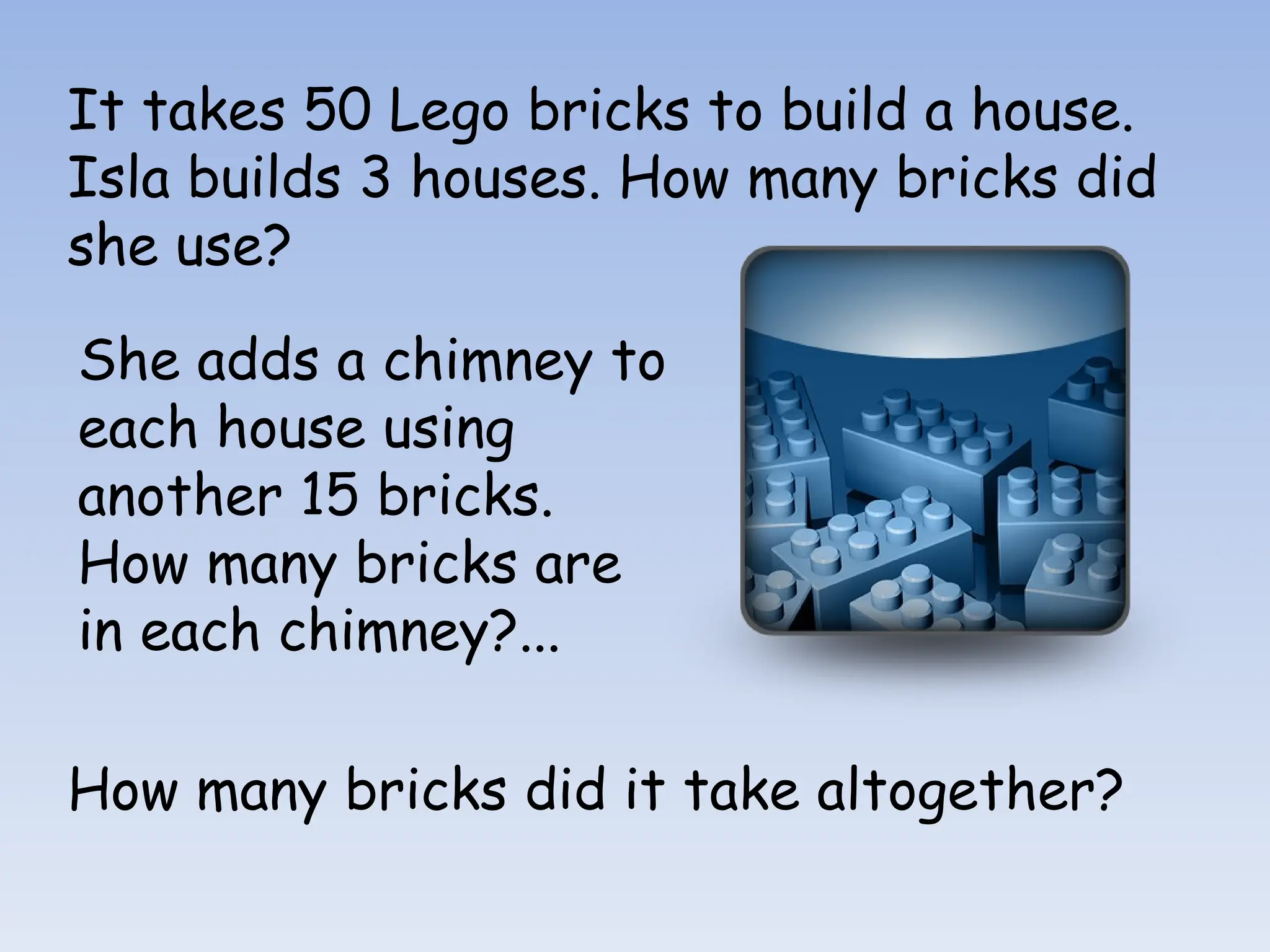 It takes 50 Lego bricks to build a house.
Isla builds 3 houses. How many bricks did
she use?
She adds a chimney to
each house using
another 15 bricks.
How many bricks are
in each chimney?...
How many bricks did it take altogether?
 