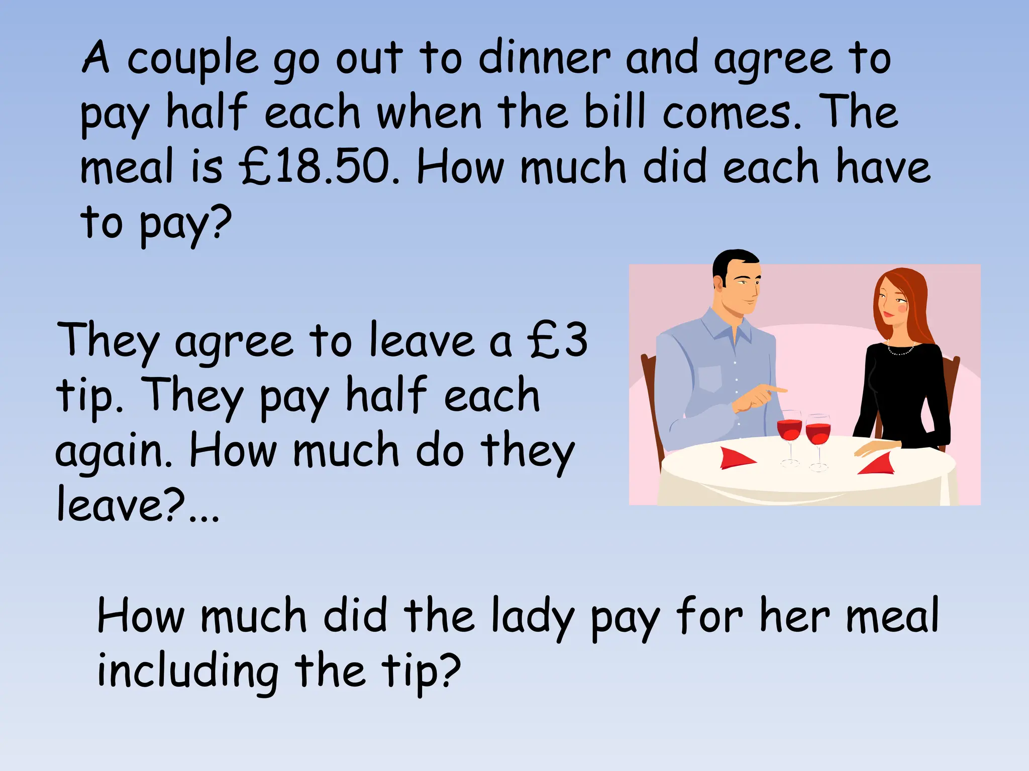 A couple go out to dinner and agree to
pay half each when the bill comes. The
meal is £18.50. How much did each have
to pay?
They agree to leave a £3
tip. They pay half each
again. How much do they
leave?...
How much did the lady pay for her meal
including the tip?
 
