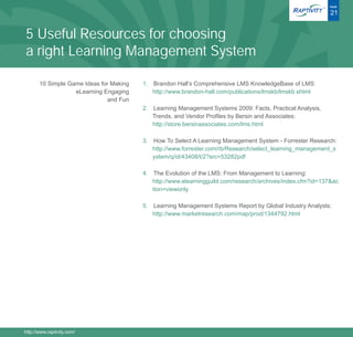®   PAGE

                                                                                                               21


5 Useful Resources for choosing
a right Learning Management System

       10 Simple Game Ideas for Making   1. Brandon Hall’s Comprehensive LMS KnowledgeBase of LMS:
                   eLearning Engaging       http://www.brandon-hall.com/publications/lmskb/lmskb.shtml
                              and Fun
                                         2. Learning Management Systems 2009: Facts, Practical Analysis,
                                            Trends, and Vendor Profiles by Bersin and Associates:
                                            http://store.bersinassociates.com/lms.html

                                         3. How To Select A Learning Management System - Forrester Research:
                                            http://www.forrester.com/rb/Research/select_learning_management_s
                                            ystem/q/id/43408/t/2?src=53282pdf

                                         4. The Evolution of the LMS: From Management to Learning:
                                            http://www.elearningguild.com/research/archives/index.cfm?id=137&ac
                                            tion=viewonly

                                         5. Learning Management Systems Report by Global Industry Analysts:
                                            http://www.marketresearch.com/map/prod/1344792.html




http://www.raptivity.com/
 