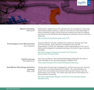 ®    PAGE

                                                                                                                            04




                            Bloom's Taxonomy      Nailing down categories isn't the ultimate point of using Bloom's Taxonomy
                                    Derek Bruff   when writing clicker questions, however, the point is to take advantage of
                                                  some framework to help us think about the questions we ask our students
                                                  and thus be more intentional about aligning our questions with our learning
                                                  objectives.
                                                  http://derekbruff.com/teachingwithcrs/?p=275

                                                  ‘Towards Maturity' recently published the preliminary findings from their
 First thoughts on the TM benchmark               2010 benchmark, which received a contribution from 400 UK
                       Clive Shepherd             organizations. Overall, the message is about solid progress in the use of
                                                  learning technologies for workplace learning in the face of major economic
                                                  obstacles.
                                                  http://clive-shepherd.blogspot.com/search?q=First+thou
                                                  ghts+on+the+TM+benchmark


                             iPad for Learning    Like many out there in the education/technology landscape the writer is
                               Neil Stephenson    quite interested in the upcoming release of Apple's iPad.
                                                  http://www.thinkinginmind.com/2010/03/ipad-for-learning/

How Will the iPad Change Interactive              The key idea of e-learning is engagement, and the more you can immerse
                          Learning?               the learner in an online experience the better. The optimal balance of
                         Vikas Joshi              screen size and handling convenience has long been elusive. Now the
                                                  iPad shows a ray of hope. This article discusses some of the features of
                                                  iPad useful for mLearning.
                                                  http://learningharbinger.blogspot.com/2010/01/how-will-ipad-change-
                                                  interactive.html




http://www.raptivity.com/
 