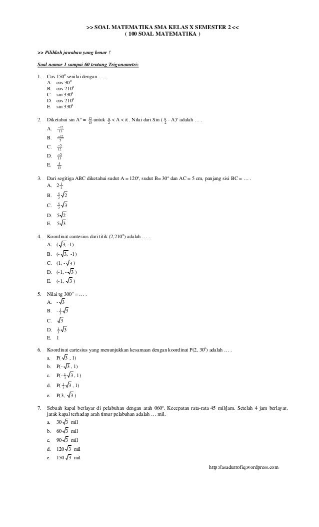 Kumpulan Soal Matematika Kelas 10 Semester 1 Kurikulum 2013 - Soal Pas