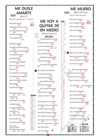 24
w
w
w
.kalinchita.com
romanticas
ME MUEROME MUEROME MUEROME MUEROME MUERO
(QUINTA ESTACION)
Intro:FA-Rem-Solm-DO
Pido por tus besos,
FA
por tu ingrata sonrisa,
Rem
por tus bellas caricias
Solm
eres tú mi alegría
DO
Pido q no me falles
FA
que nunca te me vayas
Rem
Y q nunca te olvides
Solm
que soy yo quien te ama
DO
Que soy yo quien te espera
SIb
que soy yo quien te llora
DO Rem
que soy yo quien te anhela
Solm
Los minutos y horas
DO
Me muero por besarte
SIb DO FA
Dormirme en tu boca
Rem
me muero por decirte
Solm
que el mundo se equivoca
DO
q se equivoca . . q se equivoca
SIb DO FA
Pido por tu ausencia
FA
que me hace extrañarte
Rem
que me hace soñarte,
Solm
cuando más me haces falta
DO
Pido por la mañana,
FA
que a mi lado despiertes
Rem
enredado en la cama
Solm
ay como me haces falta
DO
2veces
ME DUELEME DUELEME DUELEME DUELEME DUELE
AMARAMARAMARAMARAMARTETETETETE
(REIK) C I
DO-SOL-Lam-Mim-RE/f#-Fam-DO
Me duele amarte
DO
Sabiendo que ya te perdi
SOL Lam
tan solo quedara la lluvia
Mim FA
mojando mi llanto
DO
y me hablara de ti
SOL
Me duele amarte
DO
los sueños que eran para ti
SOL Lam
se pierden con cada palabra
Mim FA
con cada momento
DO
que espere vivir
SOL
me duele mas imaginar
Lam
que tu te vas y dejaras
Mim
detras de ti
FA
Tu ausencia en mis brazos
SOL
me duele tanto sospechar
Lam
que ni tu sombra volvera
Mim
Para abrigar
FA
mi alma en pedazos
SOL
Me duele amarte asi
DO SOL Lam
hasta morir
Mim FA
lanzandome a la nada
DO
viendote partir
SOL
me duele aquel Abril
DO SOL Lam
cuando te vi
Mim FA
Por vez primera y dije
DO
que eras para mi
SOL
me duele amarte tanto
DO
umh umh
SOL-Lam-Mim
me duele amarte tanto
SOL FA DO
4 2-3
ME VOY AME VOY AME VOY AME VOY AME VOY A
QUITQUITQUITQUITQUITAR DEAR DEAR DEAR DEAR DE
EN MEDIOEN MEDIOEN MEDIOEN MEDIOEN MEDIO
(VICENTE FERNÁNDEZ)
Si nuestro amor se acaba
Rem LA7
si nuestro amor termina
Rem
ya no me queda nada
Solm DO
para vivir la vida
FA
si ya olvidaste todo
Solm
también tus juramentos
LA7 Rem
y llenaste de lodo
LA7
mi mundo de recuerdos
SIb LA7
No más por tu soberbia
no das explicaciones
Rem
encima me condenas
Solm
sin escuchar razones
DO7 FA
si terminar conmigo
Solm
ya lo venías pensando
LA7 Rem
déjame estar contigo
LA7
aunque no este a tu lado
RE
Si me dejas no me olvides
LA
por favor nunca me olvides
SOL RE
tu sabes cuanto te quiero
LA
que desde siempre te quise
RE
Si me dejas no me olvides
LA
por favor nunca me olvides
SOL RE
me voy a quitar de en medio
LA
que más quieres
que mas quieres
RE
3 1 3 2
Rasgueo
#2
53655013111
54455222110
55722
32333
35221
Rasgueo
#2
arpegio
L
)
)
)
)
)
5654545656565101110910910111011101110
556101011
667111112
1212121212121212121212121212
14121414141414141414141414143210
13131313232121232
2320
)
)
)
)
)
3 2-3
RE/f#SIb
 