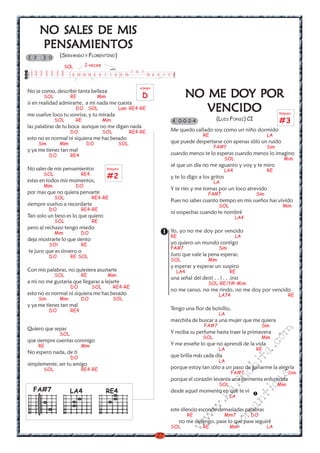 27
w
w
w
.kalinchita.com
romanticas
NO SNO SNO SNO SNO SALES DE MISALES DE MISALES DE MISALES DE MISALES DE MIS
PENSPENSPENSPENSPENSAMIENTOSAMIENTOSAMIENTOSAMIENTOSAMIENTOS
(SERVANDO Y FLORENTINO)
No se como, describir tanta belleza
SOL RE Mim
si en realidad admirarte, a mi nada me cuesta
DO SOL Lam RE4-RE
me vuelve loco tu sonrisa, y tu mirada
SOL RE Mim
las palabras de tu boca aunque no me digan nada
DO SOL RE4-RE
esto no es normal ni siquiera me has besado
Sim Mim DO SOL
y ya me tienes tan mal
DO RE4
No sales de mis pensamientos
SOL RE4
estas en todos mis momentos,
Mim DO
por mas que no quiera pensarte
SOL RE4-RE
siempre vuelvo a recordarte
DO RE4-RE
Tan solo un beso es lo que quiero
SOL RE
pero al rechazo tengo miedo
Mim DO
deja mostrarte lo que siento
SOl RE
te juro que es sinsero o
DO RE SOL
Con mis palabras, no quiesiera asustarte
SOL RE Mim
a mi no me gustaria que llegaras a lejarte
DO SOL RE4-RE
esto no es normal ni siquiera me has besado
Sim Mim DO SOL
y ya me tienes tan mal
DO RE4
Quiero que sepas
SOL
que siempre cuentas conmigo
RE Mim
No espero nada, de ti
DO
simplemente, ser tu amigo
SOL RE4-RE
3 5 5 5 3 3 0 7 8 7
3 5 5 5 3 3 0 8 10 10 10 8 8 7 7 8 8 10 10 8 8 7 5
)
SOL 2 veces
7
3 2 3 0
Rasgueo
#2
arpegio
D NO ME DOY PORNO ME DOY PORNO ME DOY PORNO ME DOY PORNO ME DOY POR
VENCIDOVENCIDOVENCIDOVENCIDOVENCIDO
(LUIS FONSI) CI
Me quedo callado soy como un niño dormido
RE LA
que puede despertarse con apenas sólo un ruido
FA#7 Sim
cuando menos te lo esperas cuando menos lo imagino
SOL Mim
sé que un día no me aguanto y voy y te miro
LA4 RE
y te lo digo a los gritos
LA
Y te ríes y me tomas por un loco atrevido
FA#7 Sim
Pues no sabes cuanto tiempo en mis sueños has vivido
SOL Mim
ni sospechas cuando te nombré
LA4
Yo, yo no me doy por vencido
RE LA
yo quiero un mundo contigo
FA#7 Sim
Juro que vale la pena esperar,
SOL Mim
y esperar y esperar un suspiro
LA4 RE
una señal del desti . . i . . .ino
SOL-RE/f#-Mim
no me canso, no me rindo, no me doy por vencido
LA74 RE
Tengo una flor de bolsillo,
LA
marchita de buscar a una mujer que me quiera
FA#7 Sim
Y reciba su perfume hasta traer la primavera
SOL Mim
Y me enseñe lo que no aprendí de la vida
LA RE
que brilla más cada día
LA
porque estoy tan sólo a un paso de ganarme la alegría
FA#7 Sim
porque el corazón levanta una tormenta enfurecida
SOL Mim
desde aquel momento en que te vi
LA
este silencio esconde demasiadas palabras
RE Mim7 DO
no me detengo, pase lo que pase seguiré
SOL RE Mim LA
Rasgueo
#34 0-0-2-4
LA4FA#7 RE4
 