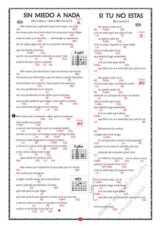 37
w
w
w
.kalinchita.com
romanticas
SIN MIEDO A NADSIN MIEDO A NADSIN MIEDO A NADSIN MIEDO A NADSIN MIEDO A NADAAAAA
(ALEX UBAGO Y AMAIA MONTERO) C I
Me muero por suplicarte que no te vayas, mi vida,
Sim Mim
me muero por escucharte decir las cosas que nunca digas.
LA RE
más me callo y te marchas . . . mantengo la esperanza
Sim Mim
de ser capaz algún día, de no esconder las heridas
LA RE
que me duelen al pensar
FA#7 SOL
que te voy queriendo cada día un poco más.
LA RE Mim
cuánto tiempo vamos a esperar
SOL LA Sim
Me muero por abrazarte y que me abraces tan fuerte,
Sim Mim
me muero por divertirte y que me beses cuando despierte
LA RE
Acomodado en tu pecho, hasta que el sol aparezca.
Sim Mim
me voy perdiendo en tu aroma,
LA
me voy perdiendo en tus labios que se acercan
RE FA#7
susurrando palabras que llegan a este pobre corazón,
SOL LA RE Mim
voy sintiendo el fuego en mi interior.
SOL LA Sim
Me muero por conocerte, saber qué es lo piensas,
SOL LA RE
abrir todas tus puertas
FA#7 SOL
y vencer esas tormentas que nos quieran abatir,
LA RE FA#7 SOL
centrar en tus ojos mi mirada cantar contigo al alba
LA RE FA#7 SOL
besarnos hasta desgastarnos nuestros labios
LA RE FA#7 SOL
y ver en tu rostro cada día crecer esa semilla
LA RE FA#7 SOL
crear, soñar, dejar todo surgir
LA RE Sim
aparcando el miedo a sufrir
Mim SOL LA Sim
Me muero por explicarte lo que pasa por mi mente,
Sim Mim
me muero por intrigarte
LA
y seguir siendo capaz de sorprenderte
RE
sentir cada día ese flechazo al verte,
Sim Mim
qué más dará lo que digan
LA
qué más dará lo que piensen si estoy loca es cosa mia
RE FA#7 SOL
y ahora vuelvo a mirar el mundo a mi favor
LA RE Mim
vuelvo a ver brillar la luz del sol
SOL LA Sim
4 4
arpegio
G
Rasgueo
#2
Fa#m
FA#7
SI TU NO ESTSI TU NO ESTSI TU NO ESTSI TU NO ESTSI TU NO ESTASASASASAS
(ROSSANA) C I
No quiero estar sin ti
RE Fa#m SOL
si tú no estás aquí me sobra el aire
LA RE
no quiero estar así
Fa#m SOL
si tú no estás, la gente se hace nadie
LA RE
si tú no estás aquí no sé
Fa#m SOL
que diablos hago amándote
LA RE
si tú no estás aquí sabrás
Fa#m SOL
que Dios no va a entender por qué te vas
LA
No quiero estar sin ti
RE Fa#m SOL
si tú no estás aquí, me falta el sueño
LA RE
no quiero andar así
RE Fa#m SOL
latiendo un corazón de amor sin dueño
LA RE
si tú no estás aquí no sé
Fa#m SOL
que diablos hago amándote
LA RE
si tú no estás aquí sabrás
Fa#m SOL
que Dios no va a entender por qué te vas
LA RE
Derramaré mis sueños,
RE
si algún día no te tengo
Fa#m
lo más grande se hará lo más pequeño
SOL LA RE
pasearé en un cielo sin estrellas esta vez
SOL
tratando de entender quien hizo
LA
un infierno el paraíso. . no te vayas nunca
Fa#m SI7 SOL LA
porque no puedo estar sin ti
RE Fa#m SOL
si tú no estás aquí me quema el aire
LA RE
Si tú no estás aquí, no sé
Fa#m SOL
que diablos hago amándote
LA RE
si tú no estás aquí sabrás
Fa#m SOL
que Dios no va a entender por qué te vas
LA Sim
Si tú no estás aquí
RE9
2veces
2 3
arpegio
D
Rasgueo
#2
RE9
 