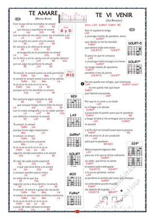 41
w
w
w
.kalinchita.com
romanticas
TE VI VENIRTE VI VENIRTE VI VENIRTE VI VENIRTE VI VENIR
(SIN BANDERA)
Intro: LA9 Sol#m* Fa#m* MI
Aún ni siquiera te tengo
LA9
y ya tengo miedo de perderte, amor
Sol#m*
que rápido se me ha clavado
Fa#m*
que dentro todo este dolor.
SOL#7+5 SOL#7*
Es poco lo que te conozco
LA9
y ya pongo todo el juego a tu favor
Sol#m*
no tengo miedo de apostarte,
Fa#m*
perderte sí me da pavor.
SOL#7+5 SOL#7*
No me queda mas refugio, que la fantasía
LA9 Sol#m*-Solm7
no me queda más que hacer
Fa#m*
que hacerte una poesía.
SI4*
Por que te vi venir y no dude
LA9
te vi llegar y te abrazé
Sol#m*
y puse toda mi pasión para que te quedaras
Fa#m* MI
y luego te besé y me arriesgue con la verdad
LA9 Sol#m*
te acaricié
y al fin abrí mi corazón para que tu pasaras
Fa#m* MI
Oh mi amor te di sin condición
LA9
para que te quedaras.
MI MI9
Ahora esperaré algunos días
LA9
para ver si lo que te di fue suficiente
Sol#m*
no sabes que terror se siente
Fa#m*
la espera cada madrugada
SOL#7+5 SOL#7*
si tu ya no quisieras volver
LA9
se perdería el sentido del amor por siempre
Sol#m*
no entendería ya este mundo
Fa#m*
me alejaría de la gente.
SOL#7+5 SOL#7*
2 2
SOL#7+5
x
x
SOL#7*
x
x
SI4*
x
x
x
x
TE AMARETE AMARETE AMARETE AMARETE AMARE
(MIGUEL BOSE)
Con la paz de las montañas te amaré
RE SOL RE
con locura y equilibrio te amaré
LA Sim SOL RE
con la rabia de mis años como me enseñaste a ser
LA LA7 RE SOL
con un grito en carne viva te amaré
RE LA7 RE
En secreto y en silencio te amaré
RE SOL RE
arriesgando en lo prohibido te amaré
LA Sim SOL RE
en lo falso y en lo cierto con el corazón abierto
LA LA7 RE SOL
por ser algo no perfecto te amaré
RE LA7 RE
Te amaré, te amaré como no está permitido
Fa#m Sim Mim LA
te amaré te amaré como nunca se ha sabido
Fa#m Sim Mim LA
la ra ra ra ra ra la ra ra ra ra ra
FA#7 Sim LA RE
porque así lo he decidido te amaré
SOL LA RE
Por ponerte algún ejemplo te diré
RE SOL RE
que aunque tengas manos frías te amaré
LA Sim SOL RE
con tu mala ortografía y tu no saber perder
LA LA7 RE SOL
con defectos y manías te amaré.
RE LA7 RE
Te amaré, te amaré
Fa#m Sim
porque fuiste algo importante,
Mim LA
te amaré, te amare
Fa#m Sim
cuando ya no estés presente
Mim LA
la ra ra ra ra ra la ra ra ra ra ra
FA#7 Sim LA RE
seguirás siendo costumbre y te amaré
SOL LA RE
Al caer de cada noche esperaré
RE SOL RE
a que seas luna llena y te amaré
LA Sim SOL RE
y aunque queden pocos restos
LA LA7
en señal de lo que fue
RE SOL
seguirás cerca y muy dentro, te amaré.
RE LA7 RE
te amaré, te amaré a golpe de recuerdo
Fa#m Sim Mim LA
te amare te amare hasta el último momento
Fa#m Sim Mim LA
la ra ra ra ra ra la ra ra ra ra ra
FA#7 Sim LA RE
a pesar de todo siempre te amare
SOL LA RE
4 4
arpegio
G y D
Rasgueo
#10
p x pima
1 2 3 4
(
.
pima
RE9
LA9
x
x
Sol#m*
x
x
SOL#7
IV traste
MI9
Fa#m*
x
x
2 3 5 2 3 5
3 3 3 3 3 3
2 0 2 0
0 0 0 0
2 2
)
)
 