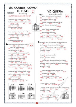 46
w
w
w
.kalinchita.com
romanticas
UN QUERER COMOUN QUERER COMOUN QUERER COMOUN QUERER COMOUN QUERER COMO
EL TUYEL TUYEL TUYEL TUYEL TUYOOOOO
(ILAN CHESTER)
SOL-RE-FA-DO-MIb-Solm-RE7-SOL-RE7
Cuando se tiene un querer como el tuyo
SOL Dom SOL
las horas no cuentan y el tiempo es amigo
DO7M RE SI7 Mim
mi vida contigo
Mim7 DO
no concibo algo mejo .or
Lam-Sim Dom RE
Cuando se tiene un querer como el tuyo
SOL Dom SOL
las sombras se alejan, y queda el roció
DO7M RE SI7 Mim
en ti yo confio,
Mim7 DO
el quehacer del corazo .on
Lam-Sim Dom RE
Sera sincero si lo propio es lo común
SOL Sim DO
amor del bueno cada vez
MI Lam MI
que te recuerdo soy feliz
Lam SIb-DO
y estando a tu lado me encuentro feliz
FA Lam Rem SIb
me basta y me sobra tu amor
FA Lam SIb RE
al norte y al sur, al este y oeste
Solm RE MIb SIb
declaro mi amor por ti.
Dom RE SOL DO RE
y estando a tu lado me encuentro fe. . liz
SOL Sim DO RE7-DO
Cuando se tiene un querer como el tuyo
SOL Dom SOL RE
Cuando se tiene un querer como el tuyo
SOL Dom SOL
no hay dudas ni quejas, se llena el vacio
DO7M SI7 Mim
no hay tuyo ni mio,
Mim7 DO
somos uno entre los dos uo
Lam-Sim Dom RE
4 0 3 0
YYYYYO QUERIAO QUERIAO QUERIAO QUERIAO QUERIA
(CHRISTIAN CASTRO) C I
Tantas promesas que se apagan hoy
RE Fa#m Sim
no sabemos bien por qué
SOL Sim LA
por qué el amor se esta muriendo no
Fa#m FA#7 Sim
tras el portón de aquel café . .e
MI LA4-LA
Tantas parejas que se aman hoy
RE Fa#m Sim
a oscuras y en su fantasía
SOL Sim LA
tantos amores se reencuentran hoy
Fa#m FA#7 Sim Sim7
con todas las canciones y las poesí . .as
MI LA4-LA
Yo quería parar el tiempo con tus ojos viéndome
RE LA
con las ganas de quedarme así abrazándote
Sim FA#
y parar aquel momento cada vez que tú te ibas
SOL LA Fa#m Sim
yo quería si quería . . .
MI LA
Yo quería cambiar el mundo
RE
pero el mundo es como es
LA
cuantas ganas de escarbar dentro de tu alma
FA# Sim FA#
yo quería tenerte sola y que fueras para siempre mía
SOL LA Fa#m Sim
yo quería si quería
MI LA
Tantos momentos que se extrañan hoy
RE Fa#m Sim Sim7
tu olor tu risa tu alegría
SOL Sim MimLA
las cosas pasan y asi es el amor
Fam# FA#7 Sim Sim7
mas no lo entiendo no lo acepto no
MI LA4-LA
. ..y yo quería. . . si quería
FA SIb DO (Rem LA)
yo quería tenerte sola y que fueras para siempre mía
SIb DO Lam Rem
yo quería si quería
SOL DO
Tantas parejas que se aman hoy
FA Lam Rem
y yo esta noche sin tu amor
SIb DO FA
3 2
FA#Fa#mSIb
FA#7 DO7M LA4
MIb
III traste
Rasgueo
#2
arpegio
D
Rasgueo
#2
Sim7
 