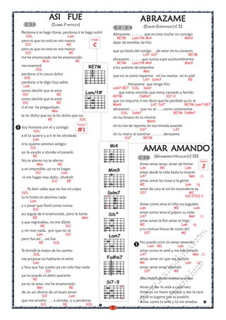 5
w
w
w
.kalinchita.com
romanticas
AMAR AMANDOAMAR AMANDOAMAR AMANDOAMAR AMANDOAMAR AMANDO
(GINAMARIA HIDALGO) C III
Amar amar amar, amar de frente
Lam MI Lam
amar desde la vida hasta la muerte
LA7 Rem /c
amar, amar las cosas y la gente
MI Lam /g
amar de cara al sol sin esconderse ay
SI7 MI
4)2-0 5)3-2
Amar como ama el niño sus juguetes
Lam MI Lam
amar como ama el pájaro su nido
LA7 Rem /c
amar amar la flor amar el trigo
MI Lam /g
y tu cintura fresca de rocio ah!
SI7 MI
No puedo vivir sin amar amando
Lam MI Lam
amar como te amé y me has amado
LA7 Rem /c
amar, amar sin que sea pecado
MI Lam /g
amar, amar amar amando
SI7 MI
(Recitado) con los mismos acordes
Amar es dar la vida a cada rato
Amar es no hacer trampas y dar la cara
Amar es jugarse por su pueblo
Amar como te amé y tú me amabas
1 0-0
ABRAZAMEABRAZAMEABRAZAMEABRAZAMEABRAZAME
(EDGAR OCERANSKY) C II
Abrazame, . . . . . . que en esta noche no consigo
RE7M Lam/f#-Mi4 Mim9
dejar de temblar de frio
que ya basta del castigo . . de estar sin tu corazon
LA7 Sibº RE7M
abrazame . . . . . . que nunca supe acostumbrarme
RE7M Lam/f#-Mi4 Mim9
a los sueteres de estambre
Mim
que no se como taparme sin tus manos sin tu piel
LA7 Solm7 RE
. . Abrazame que tengo frio
Lam7-RE7 SOL Som7
que estoy vencido que estoy cansado y herido
RE7M Fa#m7 SI7-9
que no importa si me dices que he perdido ya lo se
Mim9 LA7 Sibº RE7M-Lam7-RE7
abrazame . . . . . que no se . . . como sostenerme
SOL Solm7 RE7M Fa#m7
sin tus brazos sin tu vientre
Mim9
sin tu risa de repente sin esa mirada ausente
Sibº LA7
sin tu mano al caminar . . . . . . abrazame
Sibº RE7M
ASI FUEASI FUEASI FUEASI FUEASI FUE
(ISABEL P ANTOJA)
Perdona si te hago llorar, perdona si te hago sufrir
SOL Lam
pero es que no está en mis manos
DO RE
pero es que no esta en mis manos
DO RE
me he enamorado me he enamorado
Mim RE
me enamoré
SOL
perdona si te causo dolor
SOL
perdona si te digo hoy adiós
Lam
como decirle que te amo
DO RE
como decirle que te amo
DO RE
si el me ha preguntado
Mim
le he dicho que no le he dicho que no
RE SOL
Soy honesta con el y contigo
SOL
a él lo quiero y a ti te he olvidado
Lam
si tu quieres seremos amigos
DO
yo te ayudo a olvidar el pasado
RE
No te aferres no te aferres
Mim RE
a un imposible, ya no te hagas
DO Lam
ni me hagas mas daño, ohohoh
DO RE
Tu bien sabes que no fue mi culpa
SOL
tu te fuiste sin decirme nada
Lam
y a pesar que lloré como nunca
DO
yo seguia de tí enamorada, pero te fuiste
RE Mim
y que regresabas, no me dijiste
RE DO
y sin mas nada, por que no sé
Lam DO
pero fue así . ..asi fue
RE SOL
Te brindé la mejor de las suertes
SOL
me propuse no hablarte ni verte
Lam
y hoy que has vuelto ya ves solo hay nada
DO
ya no puedo ni debo quererte
RE
ya no te amo, me he enamorado
Mim RE
de un ser divino de un buen amor
DO Lam
que me enseño . . . a olvidar, y a perdonar
DO RE SOL
2 3-3
arpegio
C
Rasgueo
#1
arpegio
J
RE7M
Lam/f#
Mi4
Mim9
Sibº
Solm7
x
x
Lam7
Fa#m7
Si7-9
x
x
5 0 4 4
 