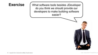21 Copyright © 2013, Oracle and/or its affiliates. All rights reserved.
21 Copyright © 2013, Oracle and/or its affiliates. All rights reserved.
What software tools besides JDeveloper
do you think we should provide our
developers to make building software
easier?
Exercise
Image: imagerymajestic/ FreeDigitalPhotos.net
 