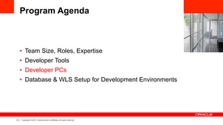 23 Copyright © 2013, Oracle and/or its affiliates. All rights reserved.
Program Agenda
•  Team Size, Roles, Expertise
•  Developer Tools
•  Developer PCs
•  Database & WLS Setup for Development Environments
 
