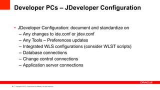 26 Copyright © 2013, Oracle and/or its affiliates. All rights reserved.
Developer PCs – JDeveloper Configuration
•  JDeveloper Configuration: document and standardize on
–  Any changes to ide.conf or jdev.conf
–  Any Tools – Preferences updates
–  Integrated WLS configurations (consider WLST scripts)
–  Database connections
–  Change control connections
–  Application server connections
 