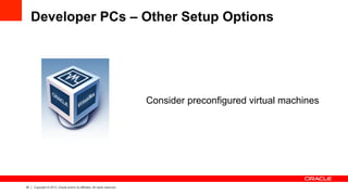 30 Copyright © 2013, Oracle and/or its affiliates. All rights reserved.
Developer PCs – Other Setup Options
Consider preconfigured virtual machines
 