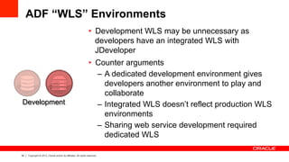 42 Copyright © 2013, Oracle and/or its affiliates. All rights reserved.
ADF “WLS” Environments
•  Development WLS may be unnecessary as
developers have an integrated WLS with
JDeveloper
•  Counter arguments
–  A dedicated development environment gives
developers another environment to play and
collaborate
–  Integrated WLS doesn’t reflect production WLS
environments
–  Sharing web service development required
dedicated WLS
Development
 