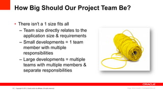 6 Copyright © 2013, Oracle and/or its affiliates. All rights reserved.
How Big Should Our Project Team Be?
•  There isn't a 1 size fits all
–  Team size directly relates to the
application size & requirements
–  Small developments = 1 team
member with multiple
responsibilities
–  Large developments = multiple
teams with multiple members &
separate responsibilities
Image: Simon Howden / FreeDigitalPhotos.net
 