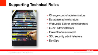 9 Copyright © 2013, Oracle and/or its affiliates. All rights reserved.
Supporting Technical Roles
•  Change control administrators
•  Database administrators
•  WebLogic Server administrators
•  LDAP administrators
•  Firewall administrators
•  SSL security administrators
•  DevOps
Image: David Castillo twobee / FreeDigitalPhotos.net
 