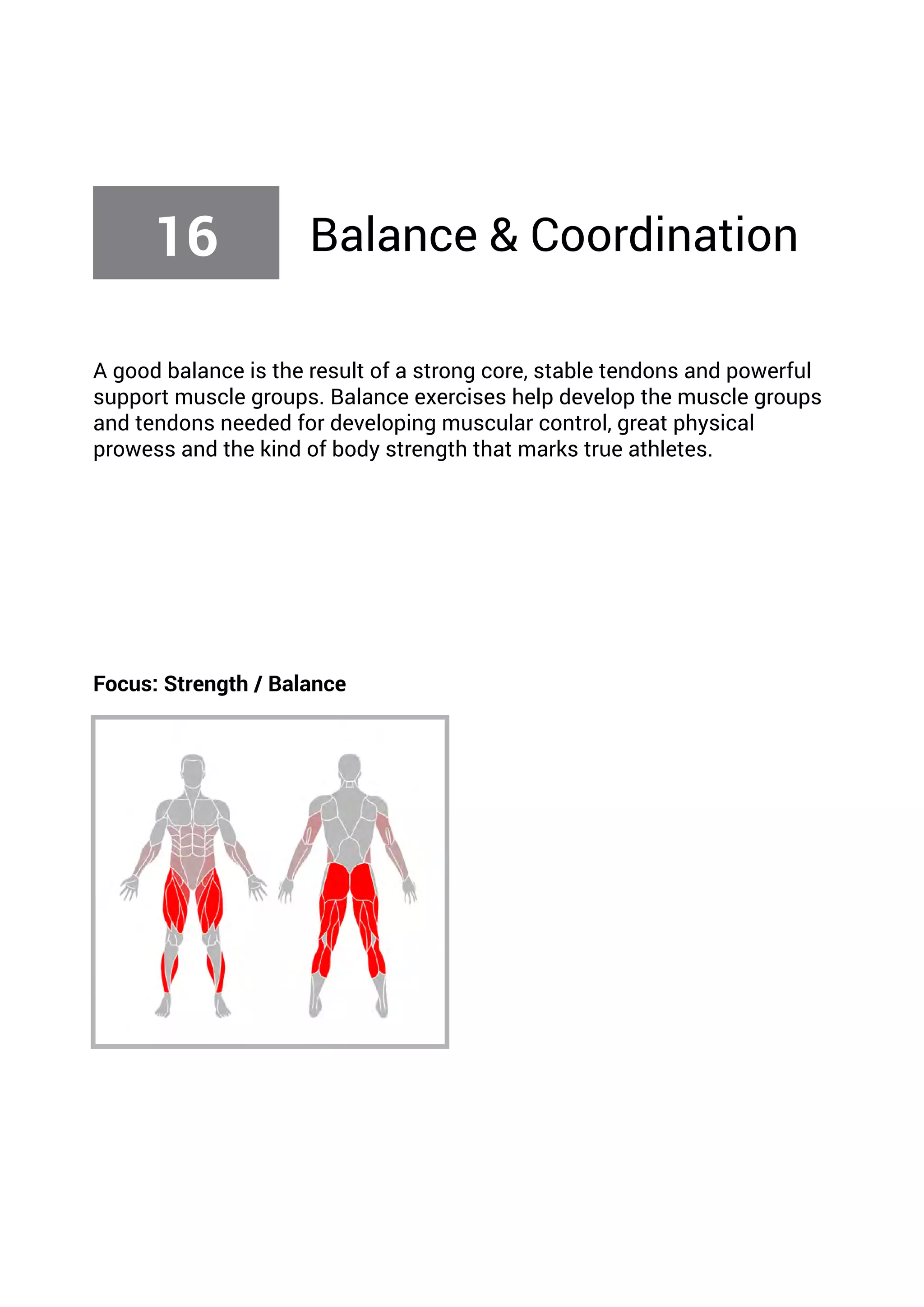 A good balance is the result of a strong core, stable tendons and powerful
support muscle groups. Balance exercises help develop the muscle groups
and tendons needed for developing muscular control, great physical
prowess and the kind of body strength that marks true athletes.
Focus: Strength / Balance
16 Balance & Coordination
 