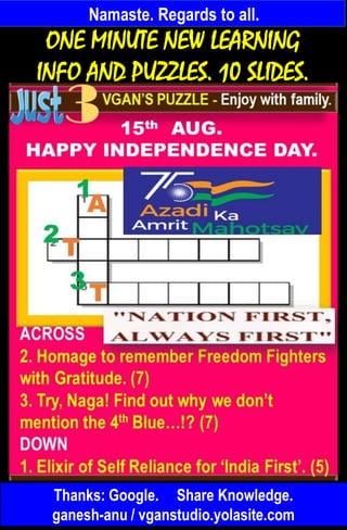 Namaste. Regards to all.
Thanks: Google. Share Knowledge.
ganesh-anu / vganstudio.yolasite.com
ONE MINUTE NEW LEARNING
INFO AND PUZZLES. 10 SLIDES.
 