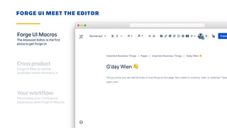 Cross product
Forge UI Macros will be
available where the Editor is
Forge UI Macros
The Atlassian Editor is the first
plac...