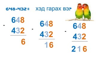 648-432=  хэд гарах вэ? 6 6 1 6 1 2 - 6 4 8 4 3 2 - 6 4 8 4 3 2 - 6 4 8 4 3 2 