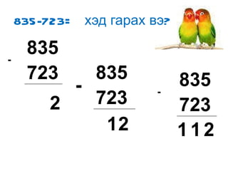 835-723=  хэд гарах вэ? 2 2 1 2 1 1 - 835 723 - 835 723 - 835 723 