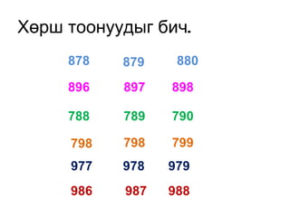 Хөрш тоонуудыг бич. 879 897 789 798 978 987 878 880 896 898 788 790 798 799 977 979 986 988 