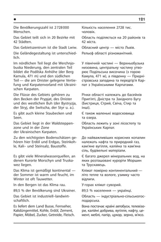 l Ðåã³îíè òà ì³ñòà Óêðà¿íè	 121
Die Bevölkerungszahl ist 2 728 000
Men­schen.
Das Gebiet teilt sich in 20 Bezirke mit
42 Städten.
Das Gebietszentrum ist die Stadt Lwiw.
Die Geländegestaltung ist un­ter­schied­
lich.
Im nördlichen Teil liegt die Werchnjo­
bus­ka Niederung, den zentralen Teil
bildet die Podilska Anhöhe (der Berg
Kamu­la, 471 m) und den südlichen
Teil — die am Dnister gelegene Ver­tie­
fung und Karpatenvorland mit Ukrai­ni­
schen Kar­pa­ten.
Die Flüsse des Gebiets gehören zu
den Becken der Prypjat, des Dnister
und des westlichen Buh (der Bystryzja,
der Stryj, die Switscha, der Styr u. a.).
Es gibt auch kleine Staubecken und
Seen.
Das Gebiet liegt in der Waldsteppen­
zone und in der Zone
der Ukrai­nischen Karpaten.
Zu den wichtigsten Bodenschätzen ge­
hö­ren hier Erdöl und Erdgas, Stein­koh­
le, Kali– und Steinsalz, Baustoffe.
Es gibt viele Mineral­wasserquellen, an
denen Kurorte Morschyn und Trus­ka­
wez liegen.
Das Klima ist gemäßigt kontinental —
der Sommer ist warm und feucht, im
Winter ist oft Tauwetter.
In den Bergen ist das Klima rau.
89,5 % der Bevölkerung sind Ukrai­ner.
Das Gebiet ist industriell–land­wirt­
schaft­lich.
Es liefert dem Land Busse, Fernseher,
Kalidüngemittel, Kohle, Erdöl, Zement,
Papier, Möbel, Zucker, Getreide, Fleisch.
Кількість населення 2728 тис.
чо­ло­вік.
Область поділяється на 20 районів та
42 міста.
Обласний центр — місто Львів.
Рельєф області різноманітний.
У північній частині — Верхньобузька
низовина, центральну частину утво­
рює Подільська височина (з горою
Ка­му­ла, 471 м), а південну — При­дні­
стров­сь­ка западина та передгір’я Ка­р­
пат з Українськими Карпатами.
Річки області належать до басейнів
Прип’яті, Дністра та Західного Бугу
(Би­с­т­ри­ця, Стрий, Свіча, Стир та
інші).
Є також маленькі водосховища
та озе­ра.
Область лежить у зоні лісостепу та
Українських Карпат.
До найважливіших корисних копалин
належать нафта та природний газ,
кам’яне вугілля, калійна та кам’яна
сіль, будівельні матеріали.
Є багато джерел мінеральних вод, на
яких розташовані курорти Моршин
та Трускавець.
Клімат помірно континентальний —
літо тепле та вологе, узимку часто
від­ли­ги.
У горах клімат суворий.
89,5 % населення — українці.
Область — індустріально-сіль­сь­ко­го­с­
по­дар­сь­ка.
Вона постачає країні автобуси, те­ле­ві­зо­
ри, калійні добрива, вугілля, на­ф­ту, це­
мент, меблі, папір, цукор, зе­р­но, м’ясо.
 