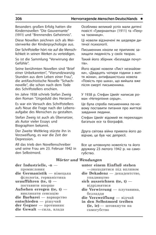 306	 Hervorragende Menschen Deutschlands	 l
Besonders großen Erfolg hatten die
Kindernovellen “Die Gouvernante”
(1911) und “Brennendes Geheimnis”.
Diese Novellen zeichnen sich als Mei­
ster­wer­ke der Kinderpsychologie aus.
Der Schriftsteller hört nie auf die Mensc­h­
lich­keit in seinen Werken zu ver­tei­di­gen.­
So ist die Sammlung “Verwirrung der
Gefühle”.
Seine berühmten Novellen sind “Brief
ei­ner Unbekannten”, “Vierundzwanzig
Stun­den aus dem Leben einer Frau”,
die antifaschistische Novelle “Schach­
novelle”, die schon nach dem Tode
des Schriftstellers erschien.
Im Jahre 1938 schrieb Stefan Zweig
den Roman “Ungeduld des Herzens”.
Es war ein Versuch des Schriftstellers
aufs Neue die Frage nach der Le­bens­
auf­ga­be des Menschen zu gestalten.
Stefan Zweig ist auch als Übersetzer,
als Autor vieler Essays und
Biographien be­kannt.
Der Zweite Weltkrieg stürzte ihn in
Ver­zweiflung­, es war die Zeit der
Depression.
All das trieb den Novellenschreiber
und seine Frau am 23. Februar 1942 in
den Selbstmord.
Wörter und Wendungen
der Industrielle, -n —
промисловик
die Germanistik — німецька
філологія, германістика
uraufführen (te, t) —
поставити вперше	
Aufsehen erregen (te, t) —
викликати сенсацію
die Barbarei — варварство
entschieden — рішучий
der Gegner — противник
die Gewalt — сила, влада
unter einem Einfluß stehen
—знаходитися під впливом
die Dekadenz — декадентство,
упадництво
sich auszeichnen (te, t) —
відрізнятися
die Verwirrung — плутанина,
безладдя	
die Verzweiflung — відчай
in den Selbstmord treiben
(ie, ie) — штовхнути на
самогубство
Особливо великий успіх мали дитячі
повісті «Гувернантка» (1911) та «Пе­ку­
ча таємниця».
Ці новели відзначені як шедеври ди­
тя­чої психології.
Письменник ніколи не припиняє за­
хи­ща­ти людяність у своїх творах.
Такий його збірник «Безладдя по­чут­
тів».
Його відомі новели «Лист не­зна­йо­м­
ки», «Двадцять чотири години з жит­
тя жінки», антифашистська новела
«По­вість про шаха», що вийшла вже
пі­с­ля смерті письменника.
У 1938 р. Стефан Цвейг написав ро­
ман «Не­те­р­пін­ня серця».
Це була спроба письменника по-но­
во­му поставити питання про життєві
за­вдан­ня людини.
Стефан Цвейг відомий як пе­ре­кла­дач
багатьох есе та біографій.
Друга світова війна привела його до
відчаю, це був час депресії.
Все це штовхнуло новеліста та його
дружину 23 лютого 1942 р. на са­мо­
губ­с­т­во.
 