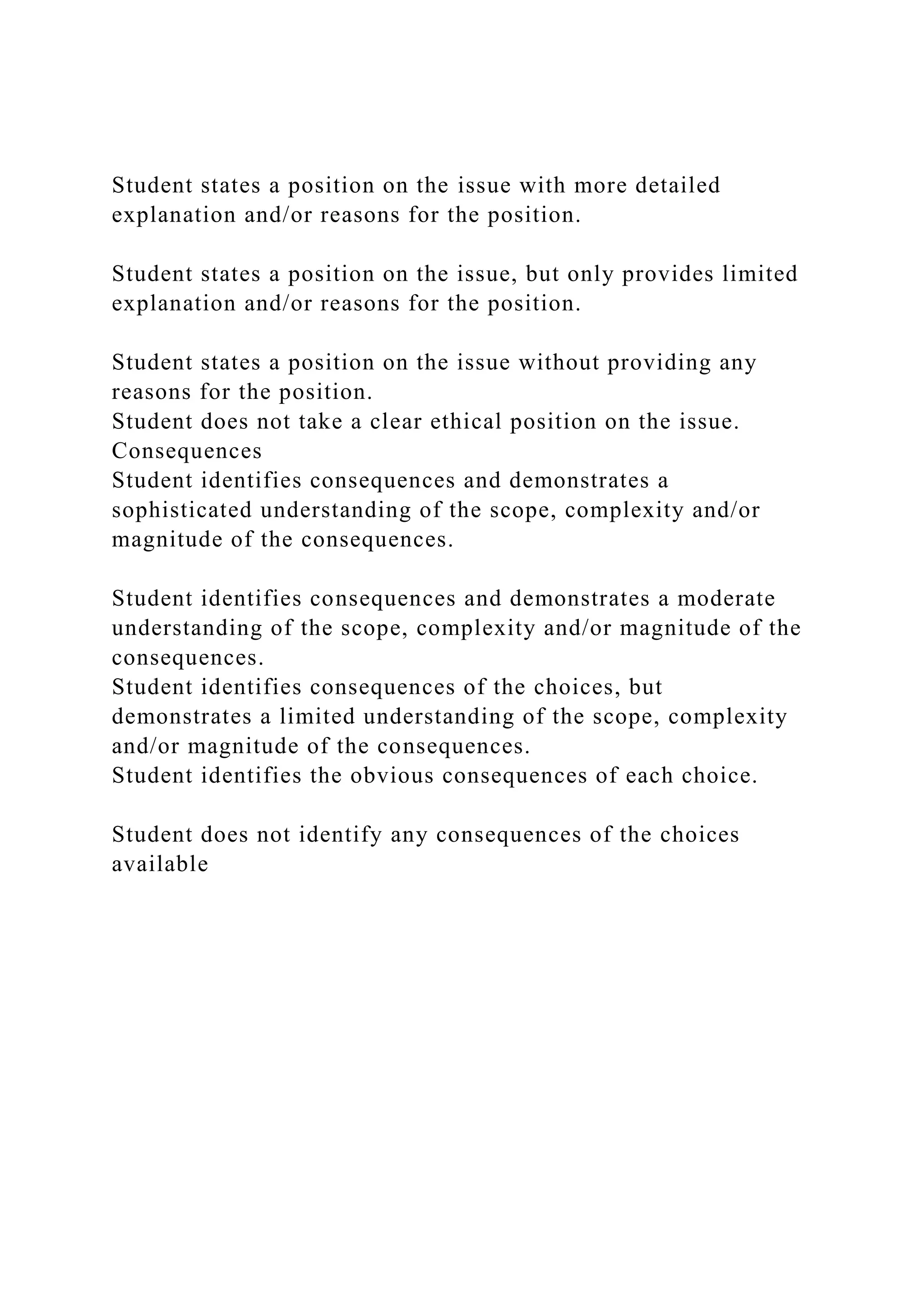 Student states a position on the issue with more detailed
explanation and/or reasons for the position.
Student states a position on the issue, but only provides limited
explanation and/or reasons for the position.
Student states a position on the issue without providing any
reasons for the position.
Student does not take a clear ethical position on the issue.
Consequences
Student identifies consequences and demonstrates a
sophisticated understanding of the scope, complexity and/or
magnitude of the consequences.
Student identifies consequences and demonstrates a moderate
understanding of the scope, complexity and/or magnitude of the
consequences.
Student identifies consequences of the choices, but
demonstrates a limited understanding of the scope, complexity
and/or magnitude of the consequences.
Student identifies the obvious consequences of each choice.
Student does not identify any consequences of the choices
available
 