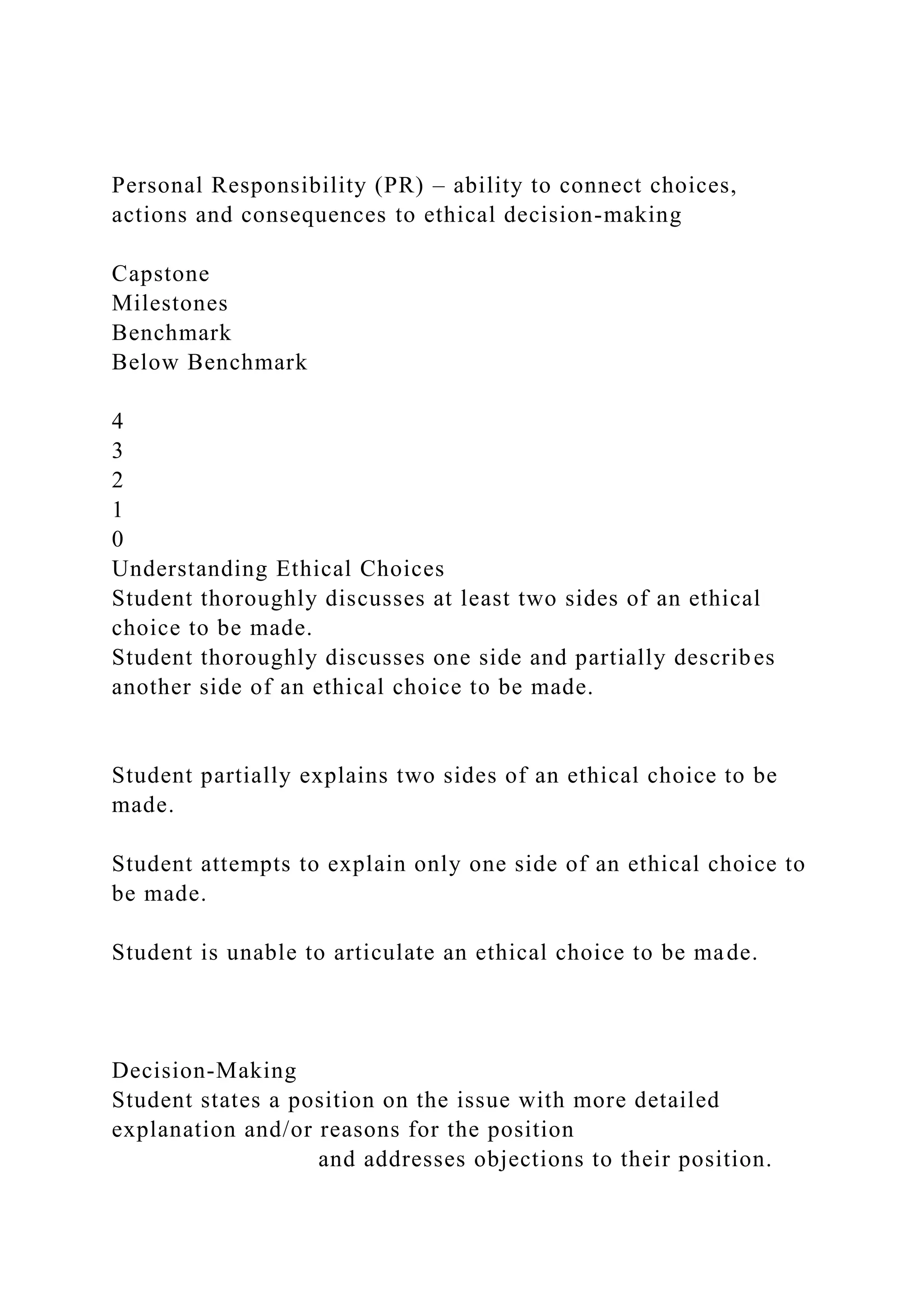 Personal Responsibility (PR) – ability to connect choices,
actions and consequences to ethical decision-making
Capstone
Milestones
Benchmark
Below Benchmark
4
3
2
1
0
Understanding Ethical Choices
Student thoroughly discusses at least two sides of an ethical
choice to be made.
Student thoroughly discusses one side and partially describes
another side of an ethical choice to be made.
Student partially explains two sides of an ethical choice to be
made.
Student attempts to explain only one side of an ethical choice to
be made.
Student is unable to articulate an ethical choice to be made.
Decision-Making
Student states a position on the issue with more detailed
explanation and/or reasons for the position
and addresses objections to their position.
 