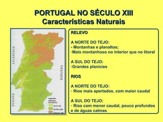 PORTUGAL NO SÉCULO XIIIPORTUGAL NO SÉCULO XIII
Características NaturaisCaracterísticas Naturais
RELEVORELEVO
A NORTE DO TEJO:
- Montanhas e planaltos;
-Mais montanhoso no interior que no litoral
A SUL DO TEJO:
-Grandes planícies
RIOSRIOS
A NORTE DO TEJO:
- Rios mais apertados, com maior caudal
A SUL DO TEJO:
- Rios com menor caudal, pouco profundos
e de águas calmas
 