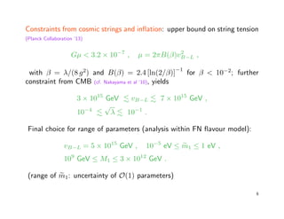 Constraints from cosmic strings and inﬂation: upper bound on string tension
(Planck Collaboration ’13)
Gµ < 3.2 × 10−7
, µ...
